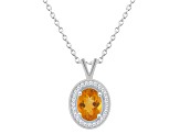 8x6mm Oval Citrine 1/8 ctw Diamond Rhodium Over Sterling Silver Halo Pendant with Chain