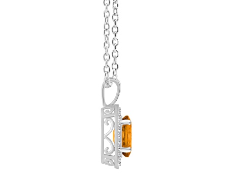 8x6mm Oval Citrine 1/8 ctw Diamond Rhodium Over Sterling Silver Halo Pendant with Chain