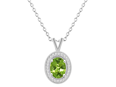 8x6mm Oval Peridot 1/8 ctw Diamond Rhodium Over Sterling Silver Halo Pendant with Chain