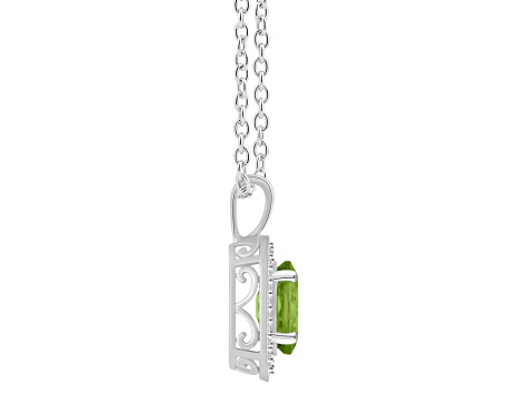 8x6mm Oval Peridot 1/8 ctw Diamond Rhodium Over Sterling Silver Halo Pendant with Chain