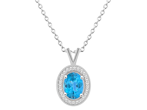 8x6mm Oval Blue Topaz 1/8 ctw Diamond Rhodium Over Sterling Silver Halo Pendant with Chain