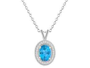 8x6mm Oval Blue Topaz 1/8 ctw Diamond Rhodium Over Sterling Silver Halo Pendant with Chain