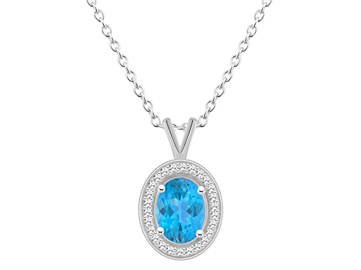 8x6mm Oval Blue Topaz 1/8 ctw Diamond Rhodium Over Sterling Silver Halo Pendant with Chain