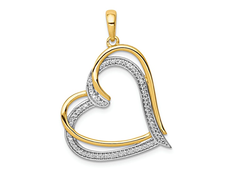 14k Yellow Gold and Rhodium Over 14k Yellow Gold Diamond Double Heart Pendant