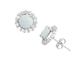 Lab Created Opal 10K White Gold Halo Earrings 1.45ctw
