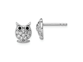Rhodium Over Sterling Silver Black and White Cubic Zirconia Owl Post Earrings