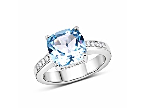Blue Topaz and White Topaz Rhodium Over Sterling Silver Solitaire Ring