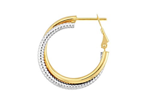 14K Yellow-White Gold 26.55mm Two Tone Spiral Design and Polished Hoop Earrings