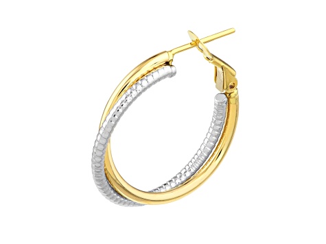 14K Yellow-White Gold 26.55mm Two Tone Spiral Design and Polished Hoop Earrings