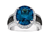 Sterling Silver Swiss Blue Topaz With Black Spinel and Lab Created White Sapphire Ring 6.1ctw