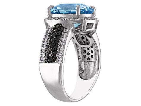 Sterling Silver Swiss Blue Topaz With Black Spinel and Lab Created White Sapphire Ring 6.1ctw
