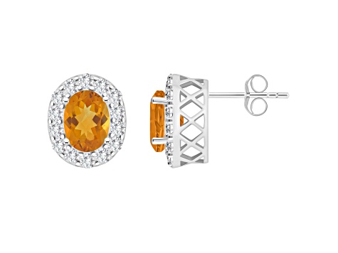 8x6mm Oval Citrine And White Topaz Accent Rhodium Over Sterling Silver Halo Stud Earrings