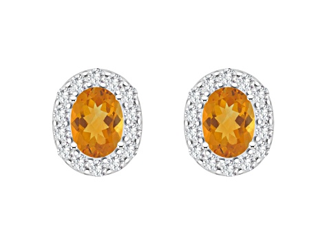 8x6mm Oval Citrine And White Topaz Accent Rhodium Over Sterling Silver Halo Stud Earrings