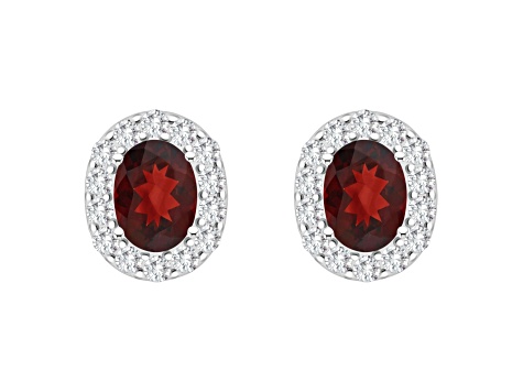 8x6mm Oval Garnet And White Topaz Accent Rhodium Over Sterling Silver Halo Stud Earrings
