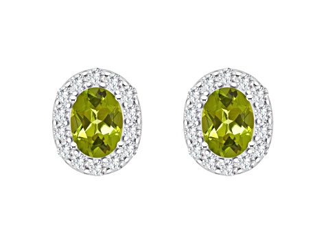 8x6mm Oval Peridot And White Topaz Accent Rhodium Over Sterling Silver Halo Stud Earrings