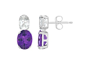 9x7mm Oval Amethyst And White Topaz Rhodium Over Sterling Silver Earrings