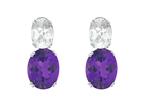 9x7mm Oval Amethyst And White Topaz Rhodium Over Sterling Silver Earrings