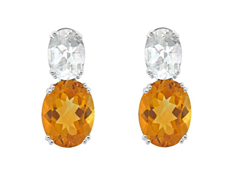 9x7mm Oval Citrine And White Topaz Rhodium Over Sterling Silver Earrings