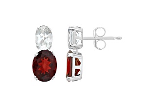 9x7mm Oval Garnet And White Topaz Rhodium Over Sterling Silver Earrings