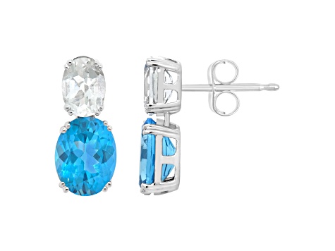 9x7mm Oval Blue Topaz And White Topaz Rhodium Over Sterling Silver Earrings