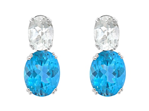 9x7mm Oval Blue Topaz And White Topaz Rhodium Over Sterling Silver Earrings