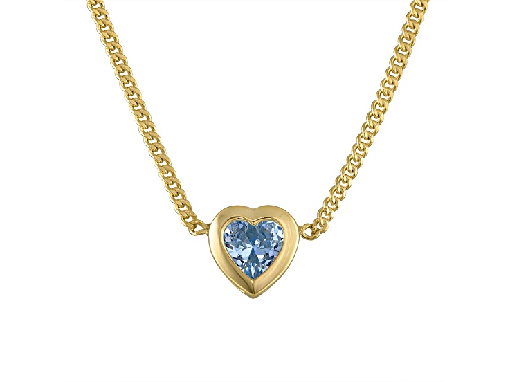 14K Yellow Gold Over Sterling Silver Lab Created Aquamarine Heart Curb Chain Necklace .8ctw