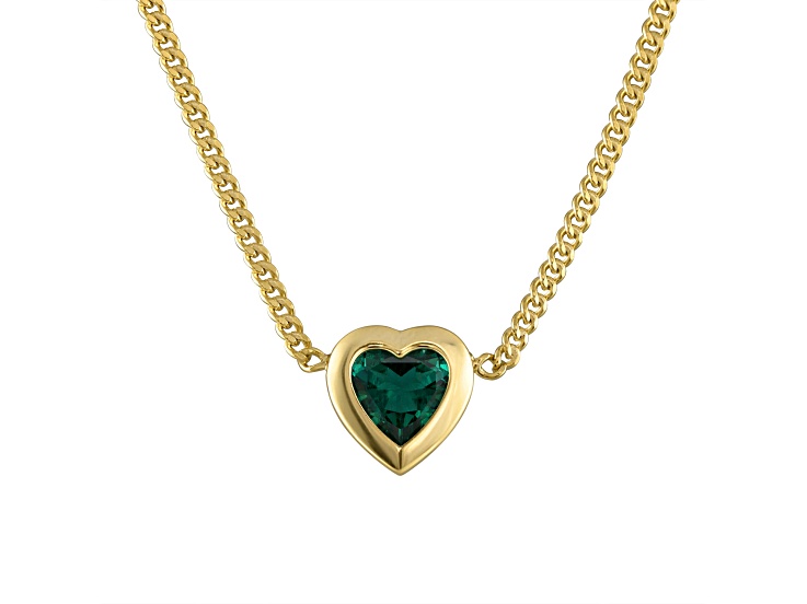 14K Yellow Gold Over Sterling Silver Lab Created Emerald Heart Curb Chain Necklace .8ctw