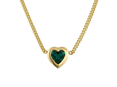 14K Yellow Gold Over Sterling Silver Lab Created Emerald Heart Curb Chain Necklace .8ctw