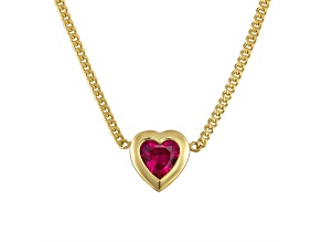 14K Yellow Gold Over Sterling Silver Lab Created Ruby Heart Curb Chain Necklace 1.2ctw