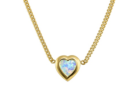 14K Yellow Gold Over Sterling Silver Lab Created Opal Heart Curb Chain Necklace .6ctw