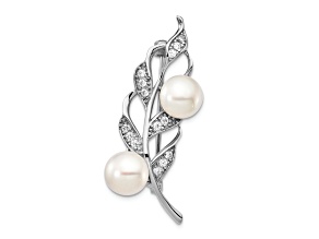 Sterling Silver Rhodium-plated 7-8mm White Button FWC Pearl Cubic Zirconia Brooch
