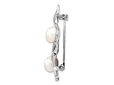Sterling Silver Rhodium-plated 7-8mm White Button FWC Pearl Cubic Zirconia Brooch
