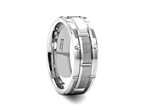 WARWICK Beveled Tungsten Carbide Wedding Band with Brush Finished Center and Alternating Grooves 8mm