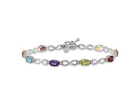 Rhodium Over 14k White Gold Rainbow Gemstone and Diamond Infinity Bracelet