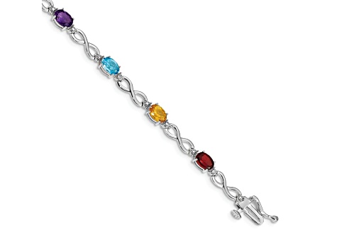 Rhodium Over 14k White Gold Rainbow Gemstone and Diamond Infinity Bracelet