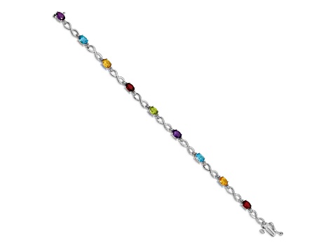 Rhodium Over 14k White Gold Rainbow Gemstone and Diamond Infinity Bracelet