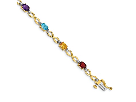 14k Two-tone Gold with Rhodium Over 14k Yellow Gold Rainbow Gemstone and Diamond Infinity Bracelet