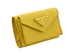 Prada Womens Tri-Fold Saffiano Leather Wallet Sole Yellow Triangle Logo