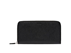 Prada Saffiano Active Black Leather Stripe Zip Around Wallet