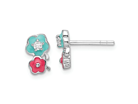 Rhodium Over Sterling Silver Cubic Zirconia and Enamel Flowers Children's Post Earrings