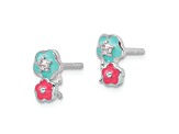 Rhodium Over Sterling Silver Cubic Zirconia and Enamel Flowers Children's Post Earrings