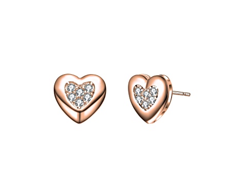 18k Rose Gold Plated over Brass with Clear Cubic Zirconia Heart Stud Earrings