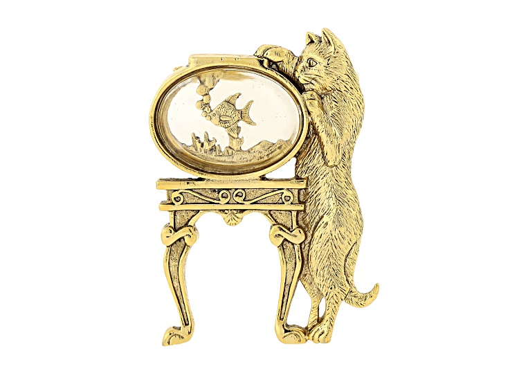 1928 Jewelry Gold Tone Crystal Cat and Fish Bowl Pin/Brooch