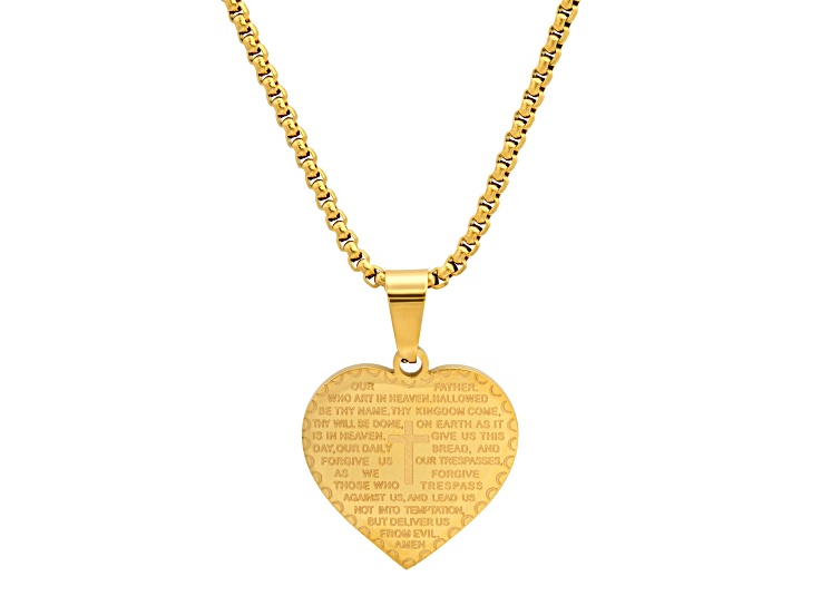 Ladies 18k gold plated stainless steel heart shape Our Father english prayer pendant