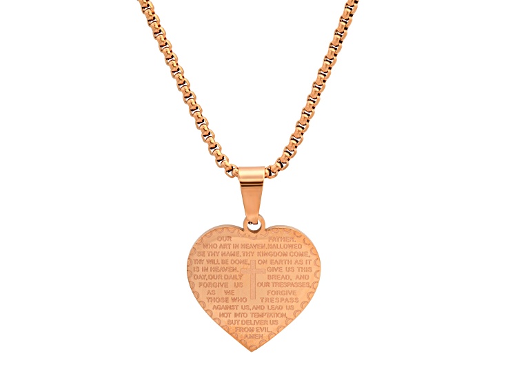 Ladies 18k rose gold plated stainless steel heart shape Our Father english prayer pendant