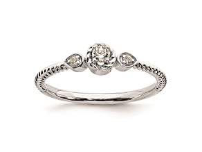 Rhodium Over 14K Gold Roped Band Petite Round Diamond Ring 0.10ctw