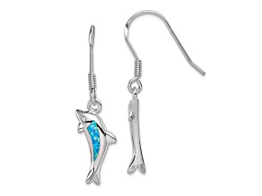 Rhodium Over Sterling Silver Lab Created Opal Inlay Dolphin Dangle Earrings