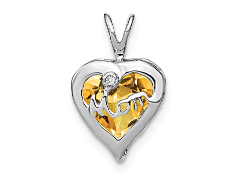 Rhodium Over 14k White Gold Citrine and Diamond Mom Heart Pendant
