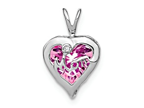 Rhodium Over 14k White Gold Lab Created Pink Sapphire and Diamond Mom Heart Pendant