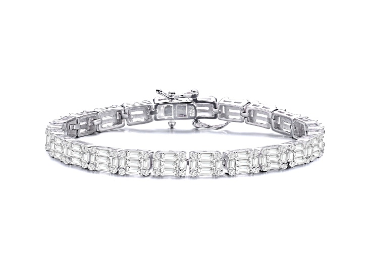 Clear Cubic Zirconia, Rhodium Plated over Sterling Silver Cluster Tennis Bracelet